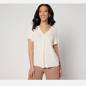 BEAUTIFUL Lawrence Zarian Ecovero Jersey Knit V-Neck Top-Ivory-Small-NEW-A644417